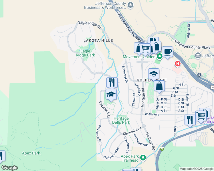 map of restaurants, bars, coffee shops, grocery stores, and more near 471 Tripp Drive in Golden