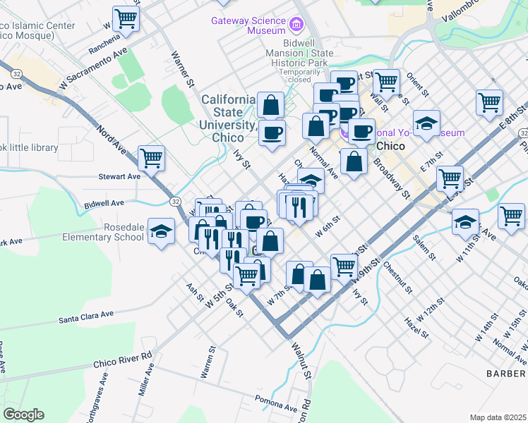 map of restaurants, bars, coffee shops, grocery stores, and more near in Chico
