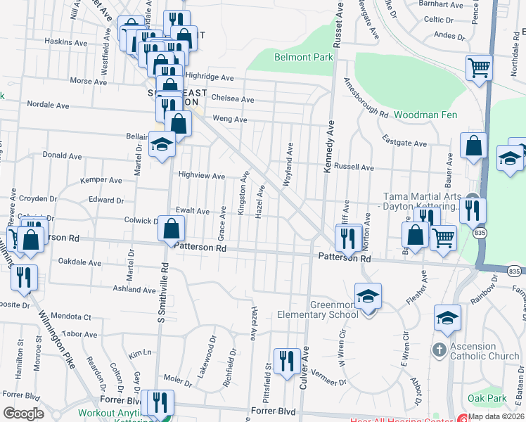 map of restaurants, bars, coffee shops, grocery stores, and more near 2919 Hazel Avenue in Dayton