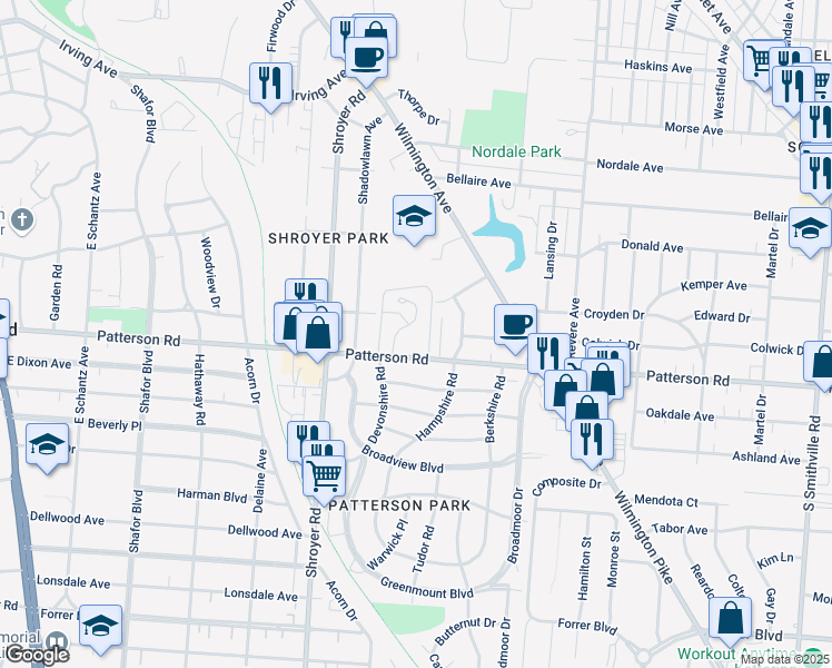 map of restaurants, bars, coffee shops, grocery stores, and more near 737 Patterson Road in Dayton