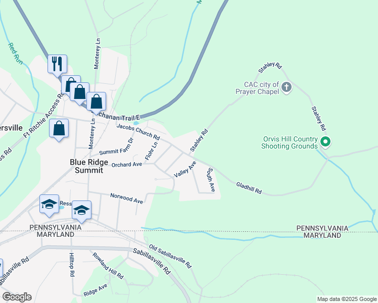 map of restaurants, bars, coffee shops, grocery stores, and more near 13247 Stahley Road in Blue Ridge Summit