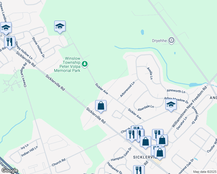map of restaurants, bars, coffee shops, grocery stores, and more near 108 Sickler Court in Winslow Township