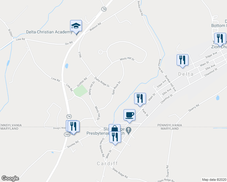 map of restaurants, bars, coffee shops, grocery stores, and more near 219 Split Rock Drive in Delta