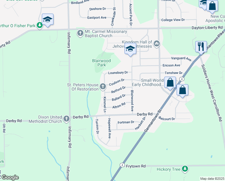map of restaurants, bars, coffee shops, grocery stores, and more near 5121 Ballard Drive in Dayton