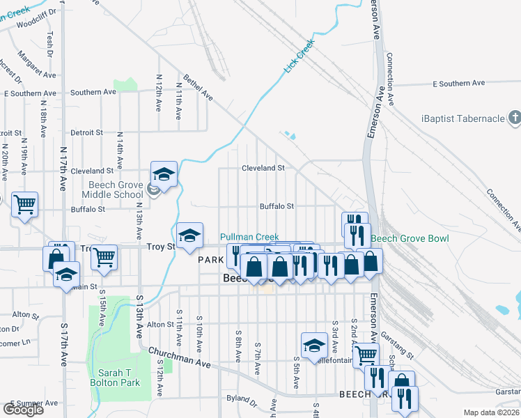 map of restaurants, bars, coffee shops, grocery stores, and more near 121 North 7th Avenue in Beech Grove