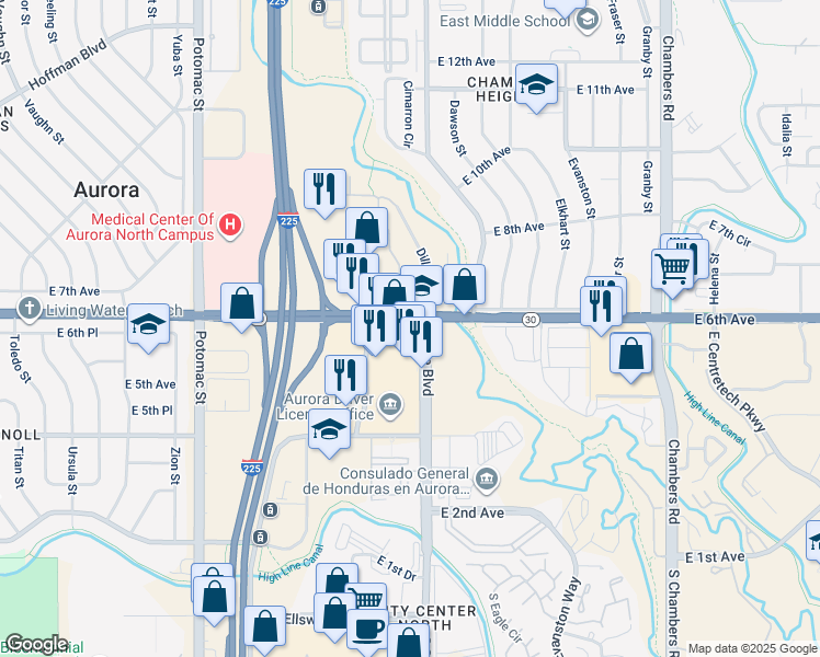 map of restaurants, bars, coffee shops, grocery stores, and more near 571 Sable Boulevard in Aurora