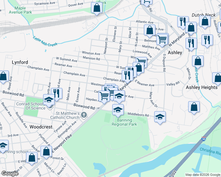 map of restaurants, bars, coffee shops, grocery stores, and more near 601 South Maryland Avenue in Wilmington