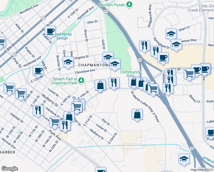 map of restaurants, bars, coffee shops, grocery stores, and more near 897 East 20th Street in Chico