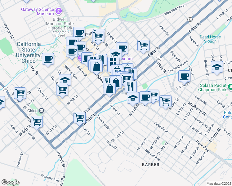 map of restaurants, bars, coffee shops, grocery stores, and more near 231 West 9th Street in Chico