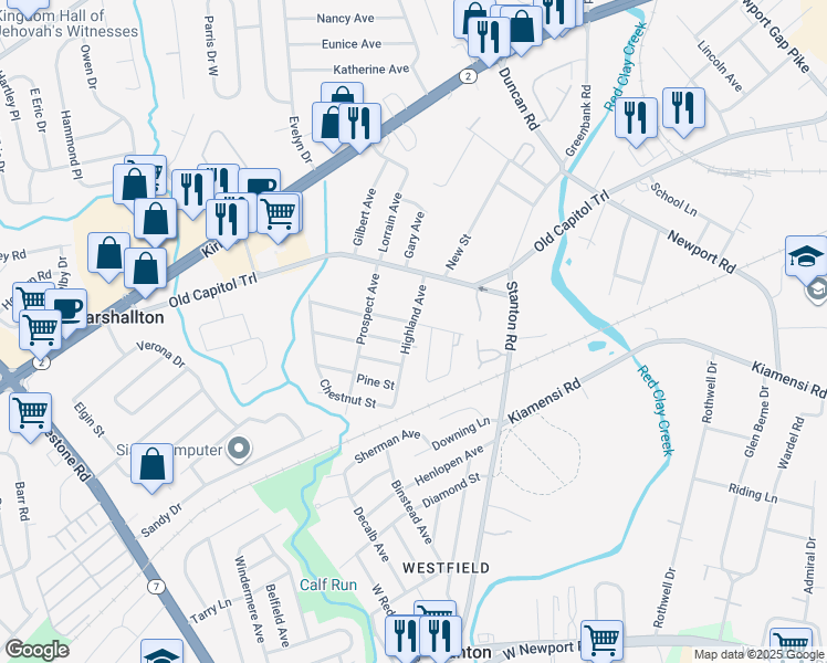 map of restaurants, bars, coffee shops, grocery stores, and more near 7 Overlook Avenue in Wilmington