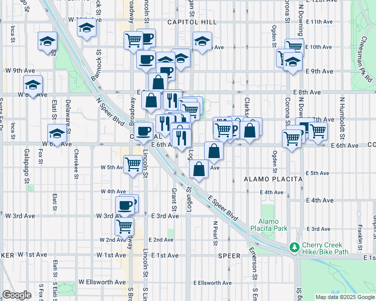 map of restaurants, bars, coffee shops, grocery stores, and more near in Denver