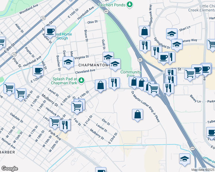 map of restaurants, bars, coffee shops, grocery stores, and more near 994 East 20th Street in Chico
