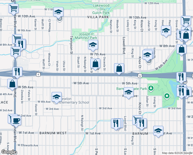map of restaurants, bars, coffee shops, grocery stores, and more near 600 Perry Street in Denver