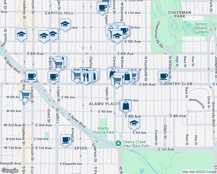 map of restaurants, bars, coffee shops, grocery stores, and more near 617 Corona Street in Denver