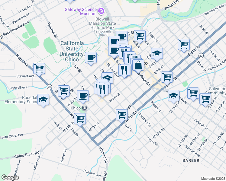 map of restaurants, bars, coffee shops, grocery stores, and more near 531 West 5th Street in Chico