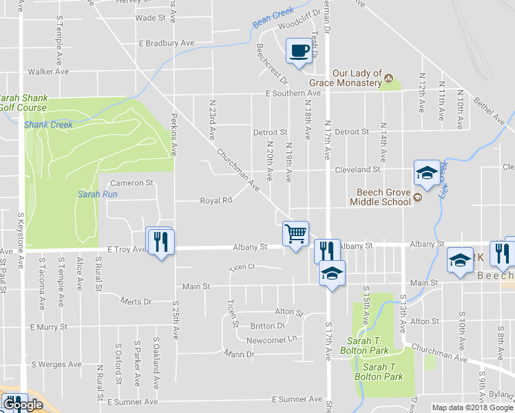 map of restaurants, bars, coffee shops, grocery stores, and more near 2030 Churchman Avenue in Beech Grove