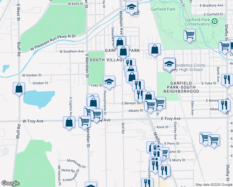 map of restaurants, bars, coffee shops, grocery stores, and more near 2800 Delaware Street in Indianapolis