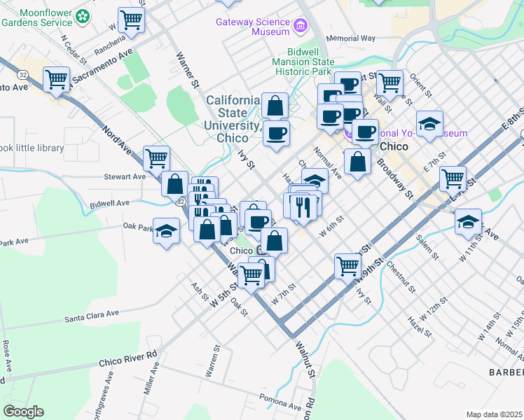 map of restaurants, bars, coffee shops, grocery stores, and more near West 3rd Street & Cherry Street in Chico