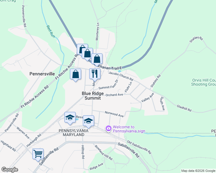 map of restaurants, bars, coffee shops, grocery stores, and more near 15365 Summit Farm Drive in Blue Ridge Summit