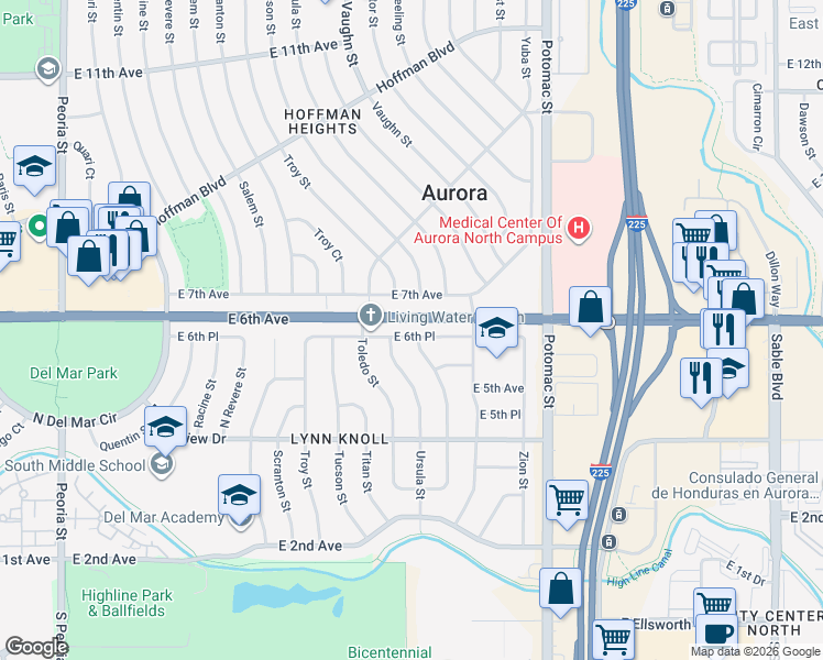 map of restaurants, bars, coffee shops, grocery stores, and more near 13460 East 7th Avenue in Aurora