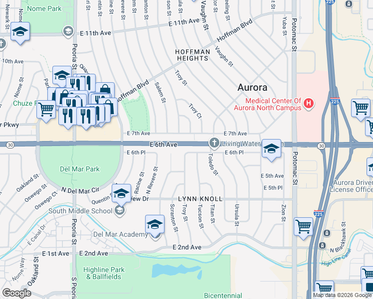 map of restaurants, bars, coffee shops, grocery stores, and more near 13010 East 7th Avenue in Aurora