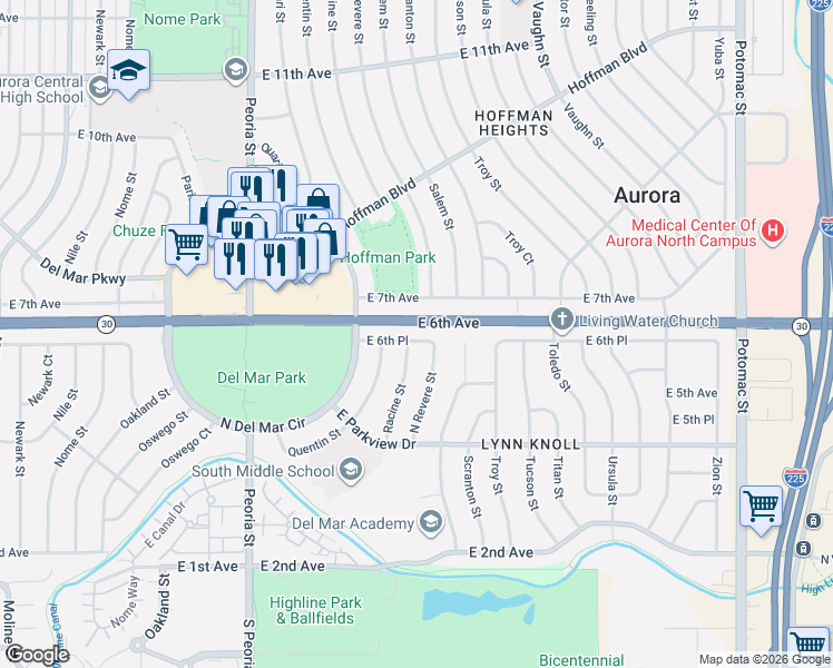 map of restaurants, bars, coffee shops, grocery stores, and more near 12710 East 7th Avenue in Aurora