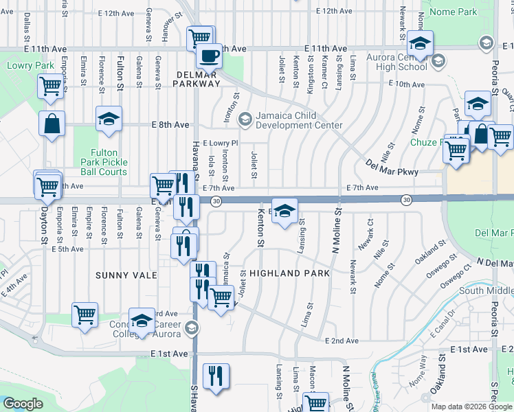 map of restaurants, bars, coffee shops, grocery stores, and more near 10936 East 7th Avenue in Aurora