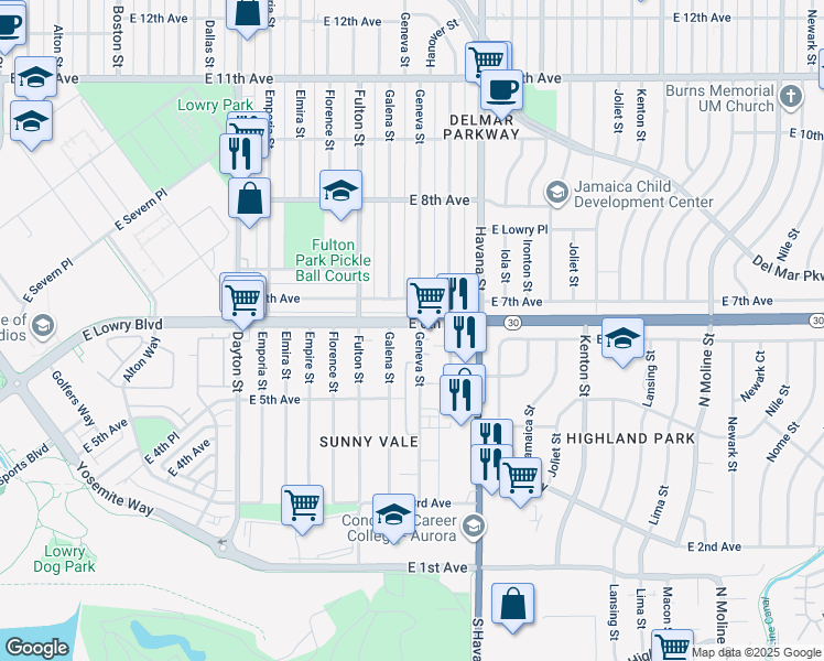 map of restaurants, bars, coffee shops, grocery stores, and more near 10300 East 7th Avenue in Aurora