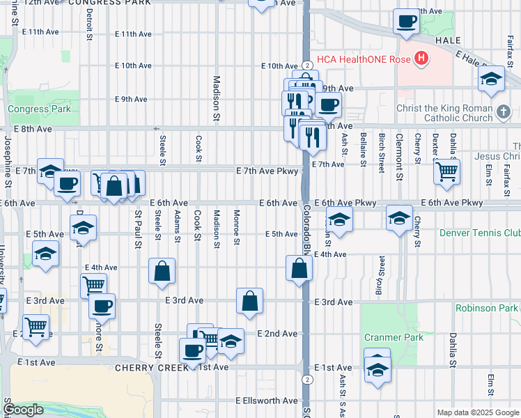 map of restaurants, bars, coffee shops, grocery stores, and more near 619 Jackson Street in Denver