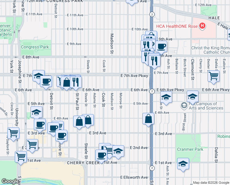 map of restaurants, bars, coffee shops, grocery stores, and more near 622 Madison Street in Denver