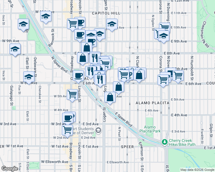map of restaurants, bars, coffee shops, grocery stores, and more near in Denver