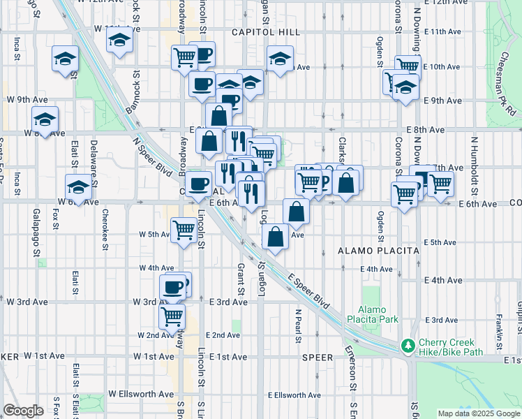 map of restaurants, bars, coffee shops, grocery stores, and more near in Denver