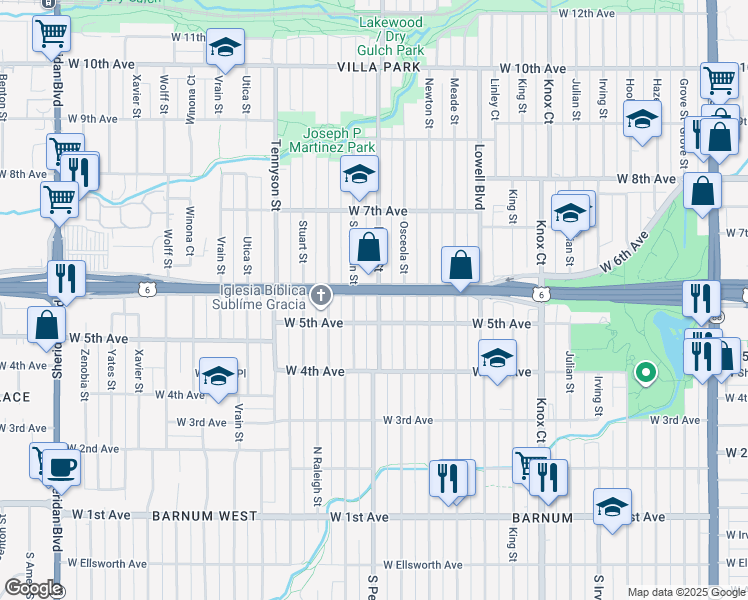 map of restaurants, bars, coffee shops, grocery stores, and more near 600 Perry Street in Denver