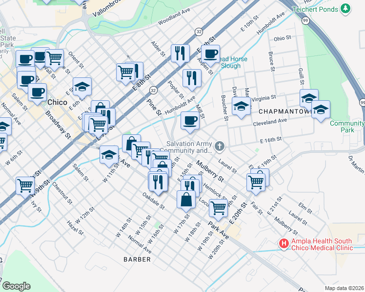 map of restaurants, bars, coffee shops, grocery stores, and more near 492 East 12th Street in Chico