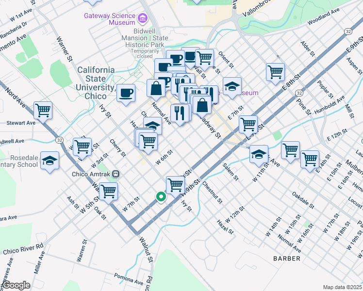 map of restaurants, bars, coffee shops, grocery stores, and more near 530 Normal Avenue in Chico