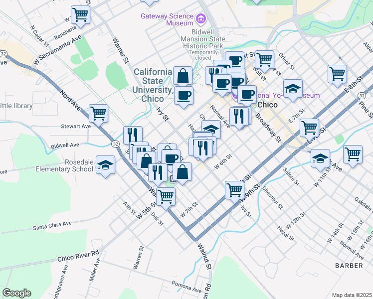 map of restaurants, bars, coffee shops, grocery stores, and more near 305 Ivy Street in Chico
