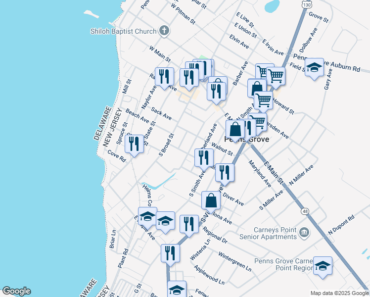 map of restaurants, bars, coffee shops, grocery stores, and more near 111 Tyrone Avenue in Penns Grove