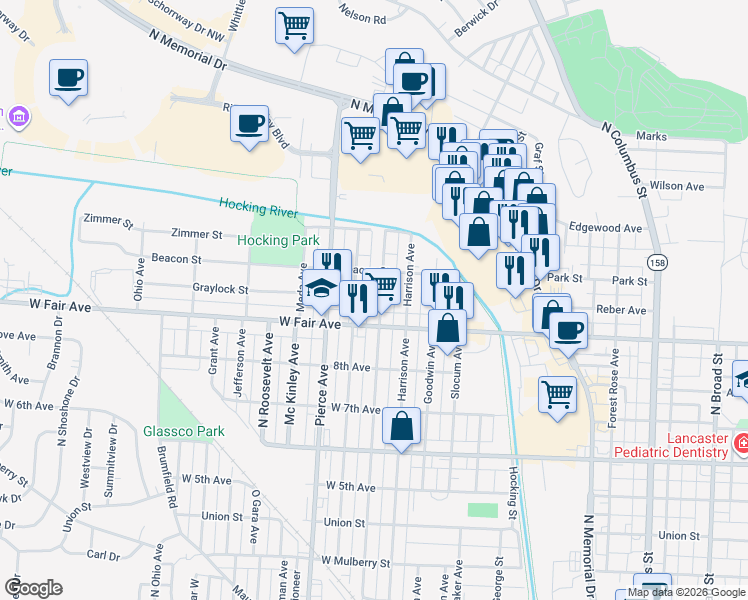 map of restaurants, bars, coffee shops, grocery stores, and more near 950 Washington Avenue in Lancaster