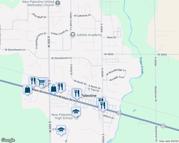 map of restaurants, bars, coffee shops, grocery stores, and more near 4097 South Turning Leaf Court in New Palestine