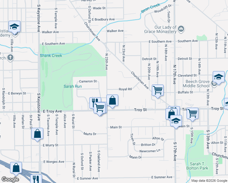 map of restaurants, bars, coffee shops, grocery stores, and more near 231 North 25th Avenue in Beech Grove