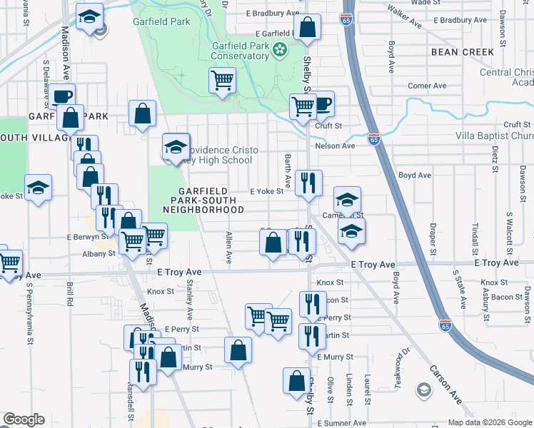 map of restaurants, bars, coffee shops, grocery stores, and more near 961 East Yoke Street in Indianapolis