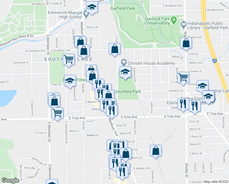 map of restaurants, bars, coffee shops, grocery stores, and more near 2760 South East Street in Indianapolis