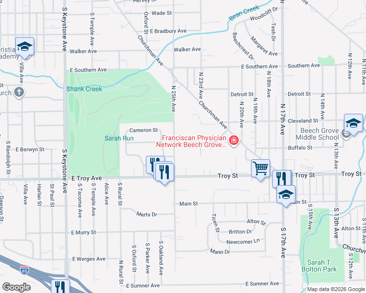 map of restaurants, bars, coffee shops, grocery stores, and more near 231 North 25th Avenue in Beech Grove