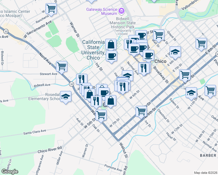 map of restaurants, bars, coffee shops, grocery stores, and more near 739 West 3rd Street in Chico