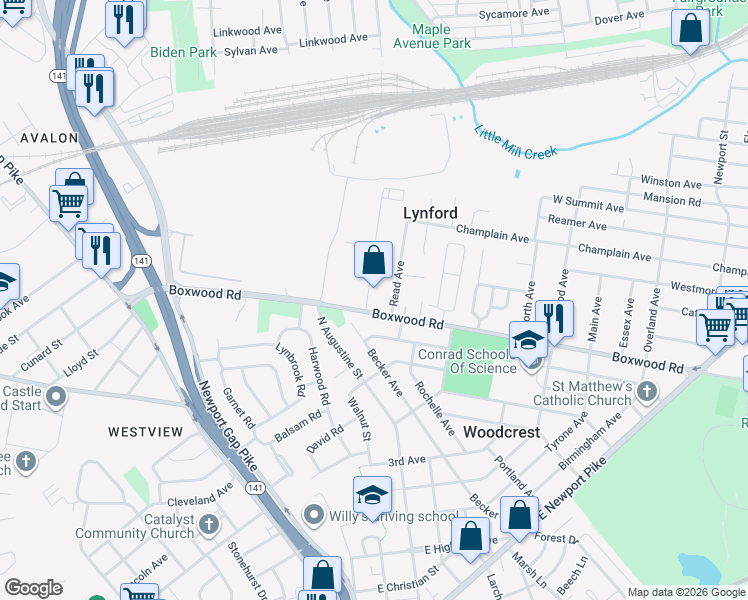 map of restaurants, bars, coffee shops, grocery stores, and more near 24 Dodson Avenue in Wilmington