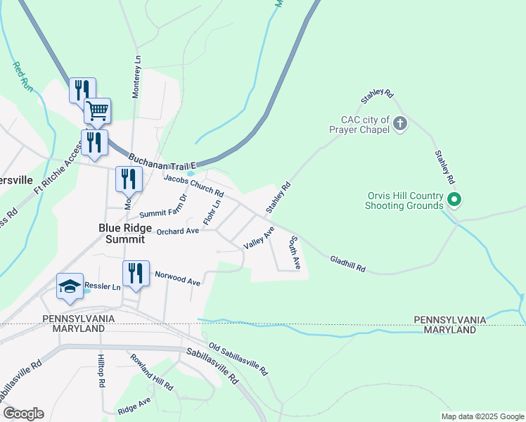 map of restaurants, bars, coffee shops, grocery stores, and more near 13247 Stahley Road in Blue Ridge Summit