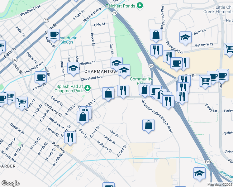 map of restaurants, bars, coffee shops, grocery stores, and more near 992 East 16th Street in Chico