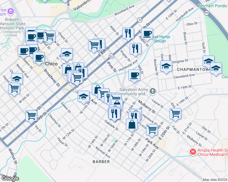 map of restaurants, bars, coffee shops, grocery stores, and more near 1163 Olive Street in Chico