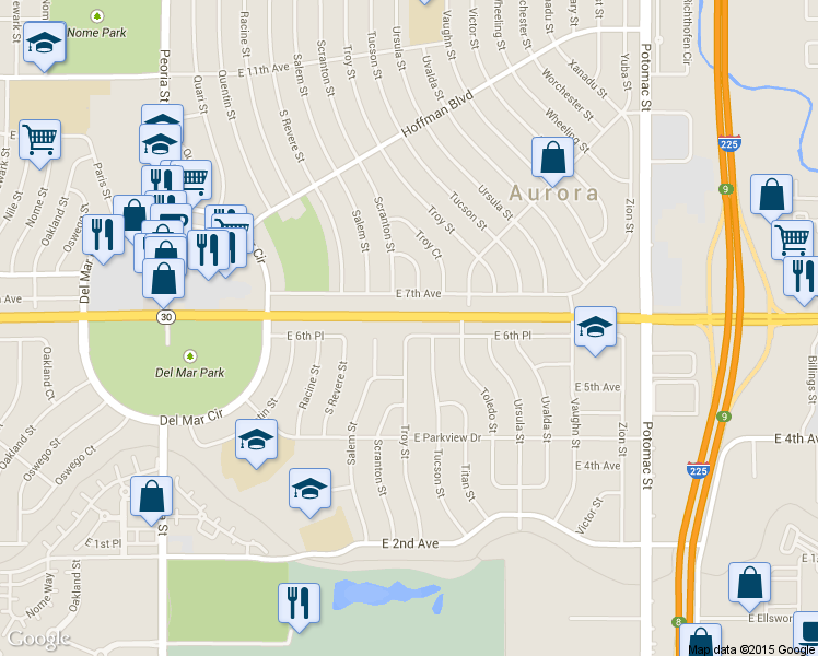 map of restaurants, bars, coffee shops, grocery stores, and more near 13010 East 7th Avenue in Aurora