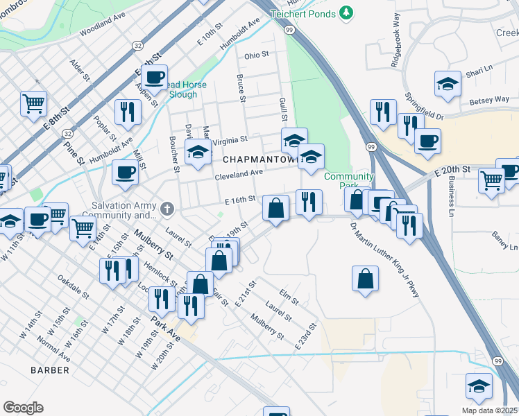 map of restaurants, bars, coffee shops, grocery stores, and more near 892 East 19th Street in Chico